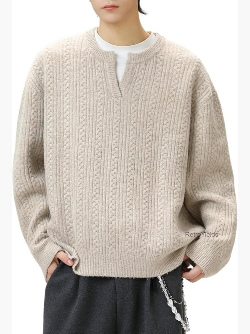 Cable Knit V-Neck Pullover Sweater Men Women Oversized Chunky Vintage